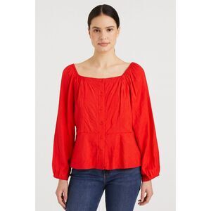 Ann Taylor Vibrant Red Button Front Square Neck Long Sleeve Blouse L #761